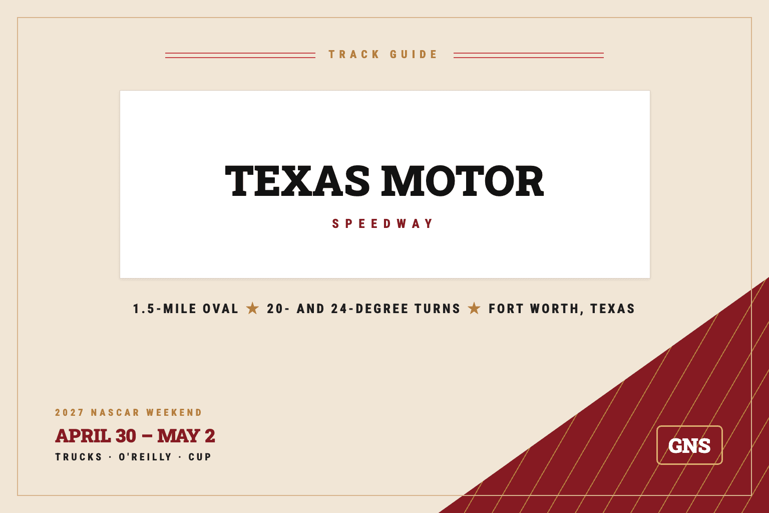 Grand National Today track guide card for Texas Motor Speedway
