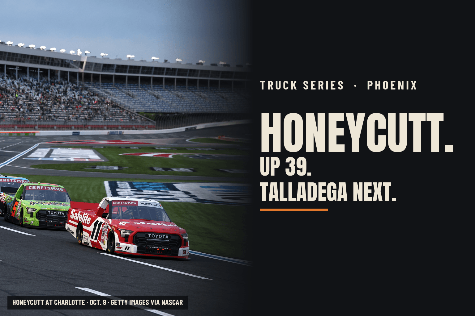 Card reading Honeycutt, up 39, Talladega next, over a photo of Kaden Honeycutt's No. 11 Toyota at Charlotte