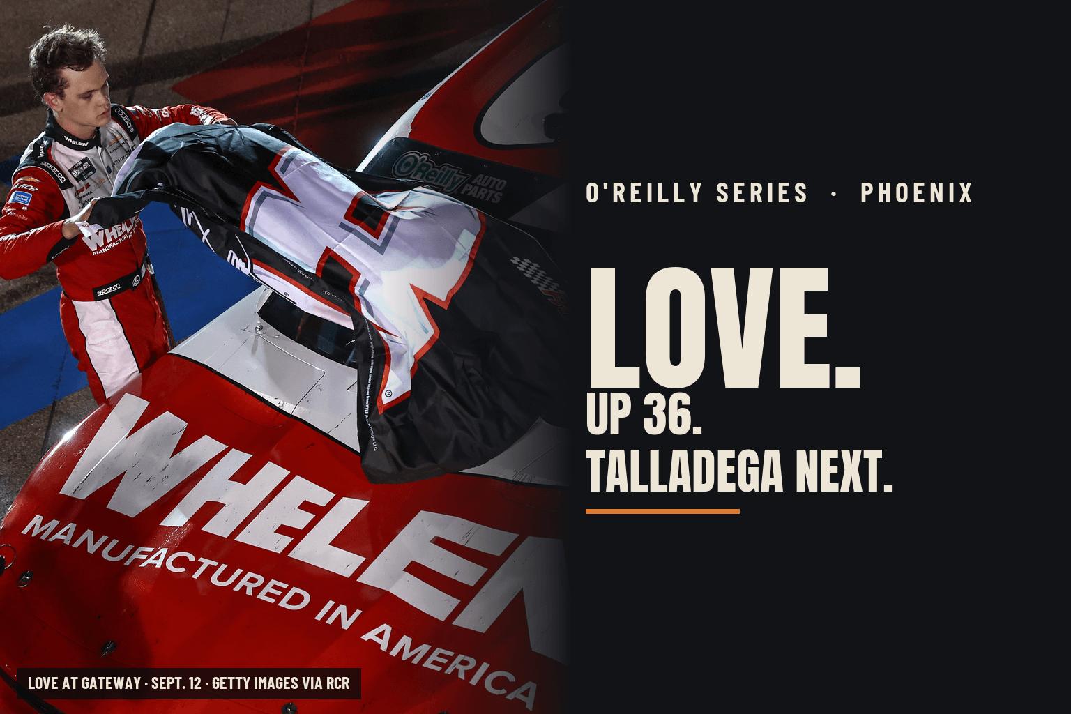 Card reading Love. Up 36. Talladega next, over a photo of Jesse Love with his No. 2 Whelen Chevrolet
